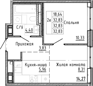 Планировка — OKLA, 2-комн., 33 м²