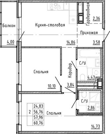 Планировка — OKLA, 2-комн., 54 м²