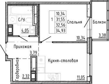 Планировка — OKLA, 1-комн., 29 м²
