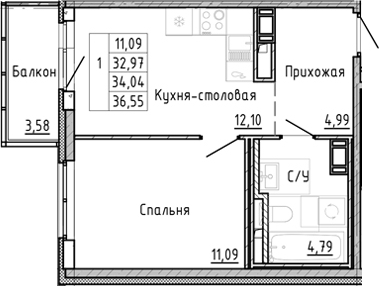 Планировка — OKLA, 2-комн., 30 м²