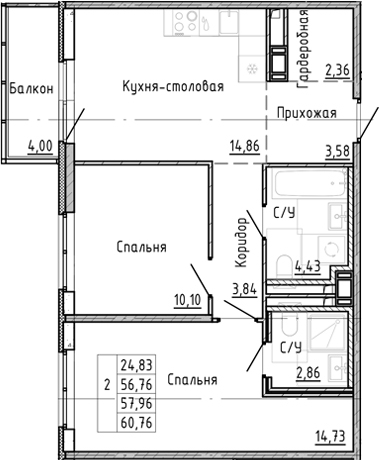 Планировка — OKLA, 2-комн., 54 м²