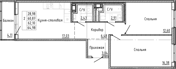 Планировка — OKLA, 3-комн., 58 м²
