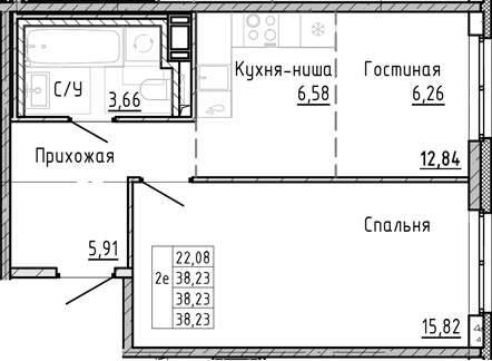 Планировка — OKLA, 1-комн., 38 м²