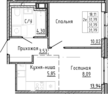 Планировка — OKLA, 1-комн., 32 м²