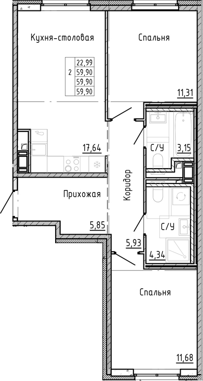 Планировка — OKLA, 2-комн., 60 м²