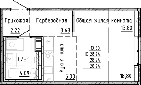 Планировка — OKLA, Студия, 29 м²