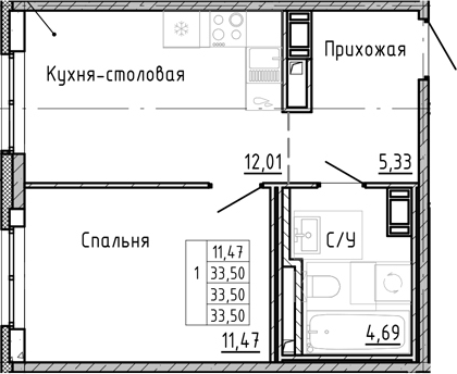 Планировка — OKLA, 1-комн., 34 м²