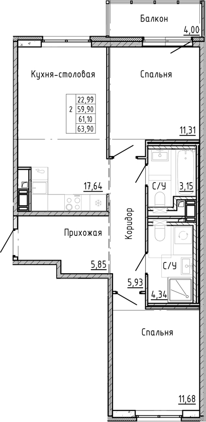 Планировка — OKLA, 2-комн., 57 м²