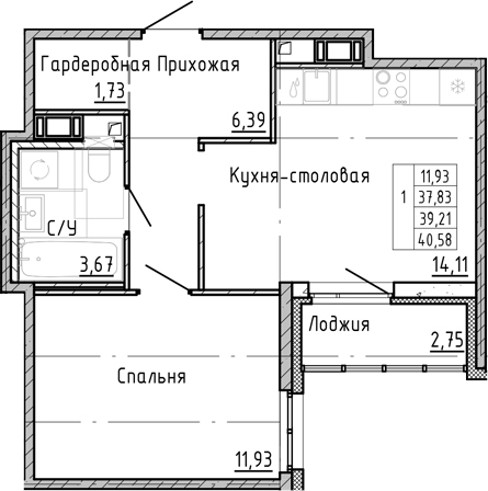 Планировка — OKLA, 1-комн., 36 м²