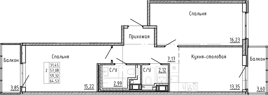Планировка — OKLA, 2-комн., 52 м²