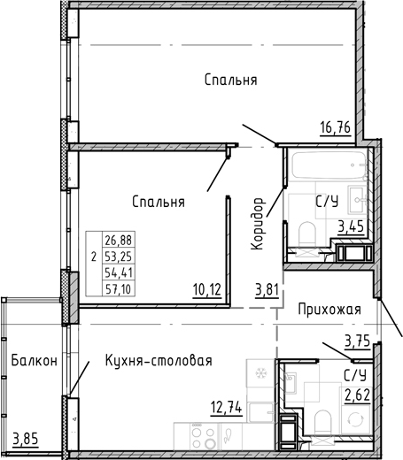 Планировка — OKLA, 2-комн., 51 м²