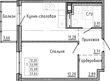 Планировка — OKLA, 1-комн., 31 м²