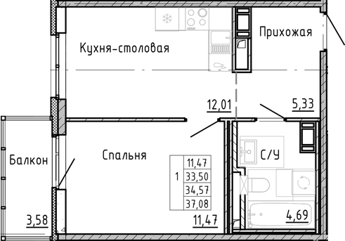 Планировка — OKLA, 1-комн., 31 м²