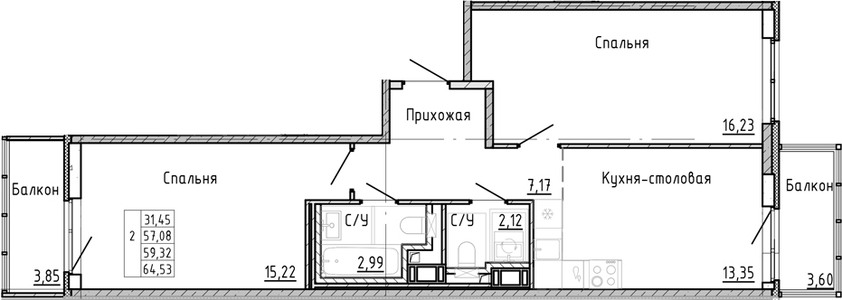 Планировка — OKLA, 2-комн., 52 м²