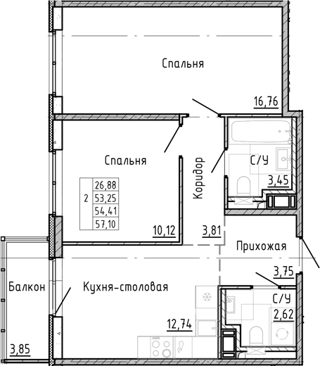 Планировка — OKLA, 2-комн., 51 м²