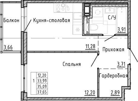 Планировка — OKLA, 1-комн., 31 м²