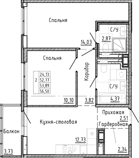 Планировка — OKLA, 2-комн., 50 м²