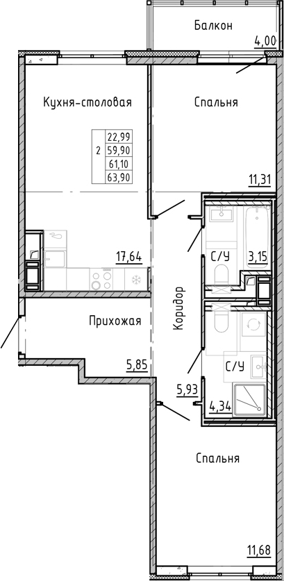 Планировка — OKLA, 2-комн., 57 м²