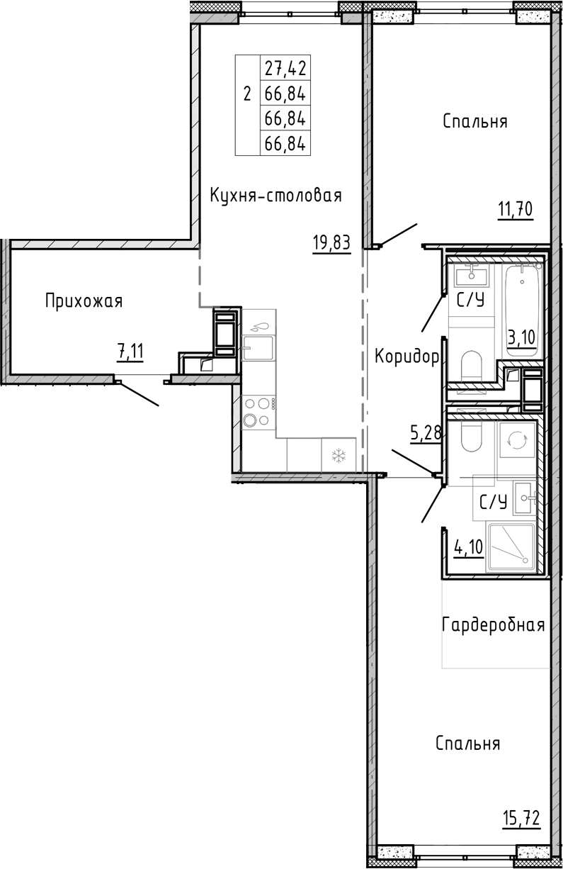 Планировка — OKLA, 3-комн., 67 м²
