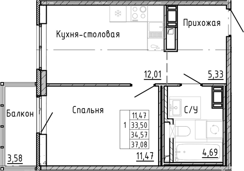 Планировка — OKLA, 1-комн., 31 м²