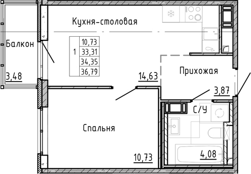 Планировка — OKLA, 1-комн., 31 м²