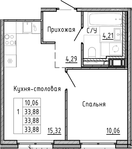 Планировка — OKLA, 2-комн., 34 м²