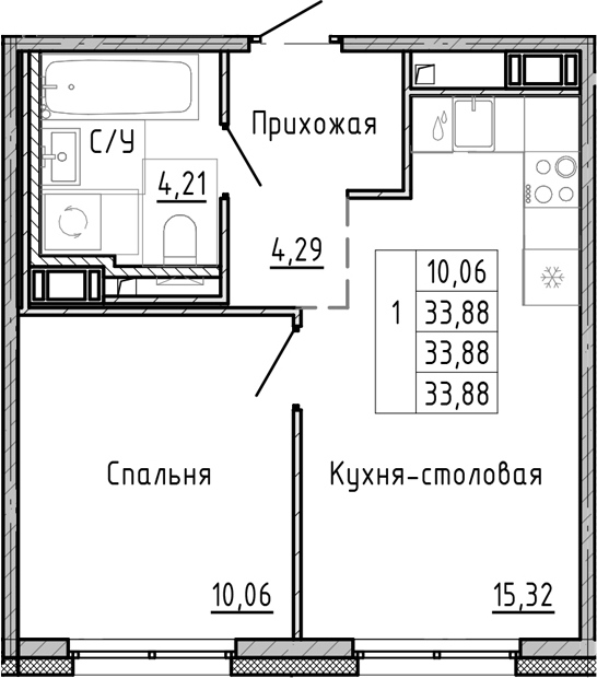 Планировка — OKLA, 2-комн., 34 м²