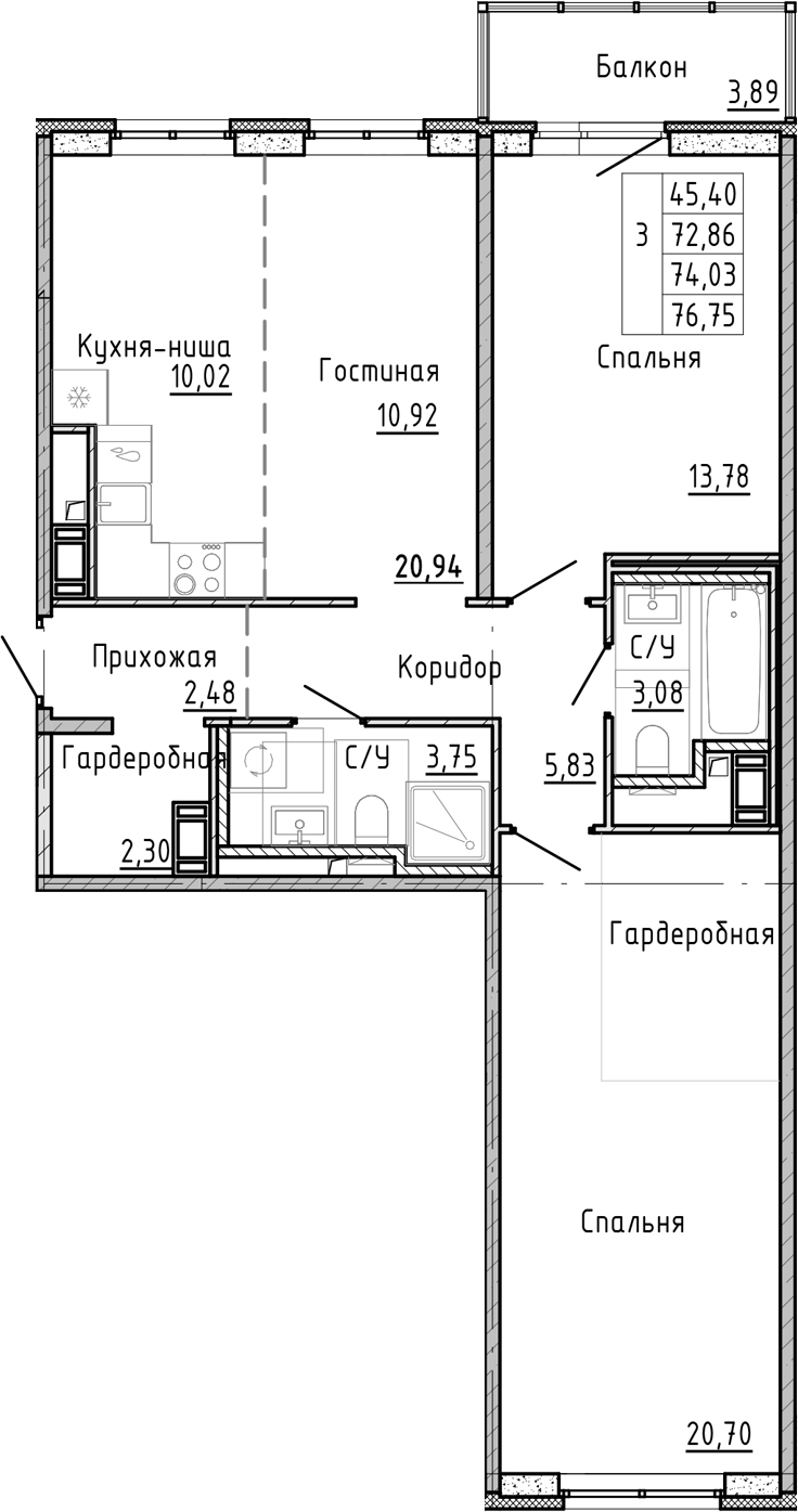 Планировка — OKLA, 3-комн., 70 м²