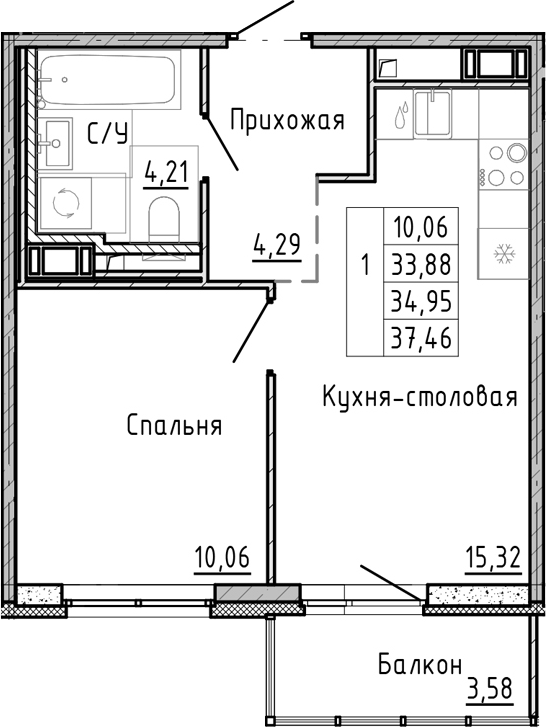 Планировка — OKLA, 2-комн., 31 м²