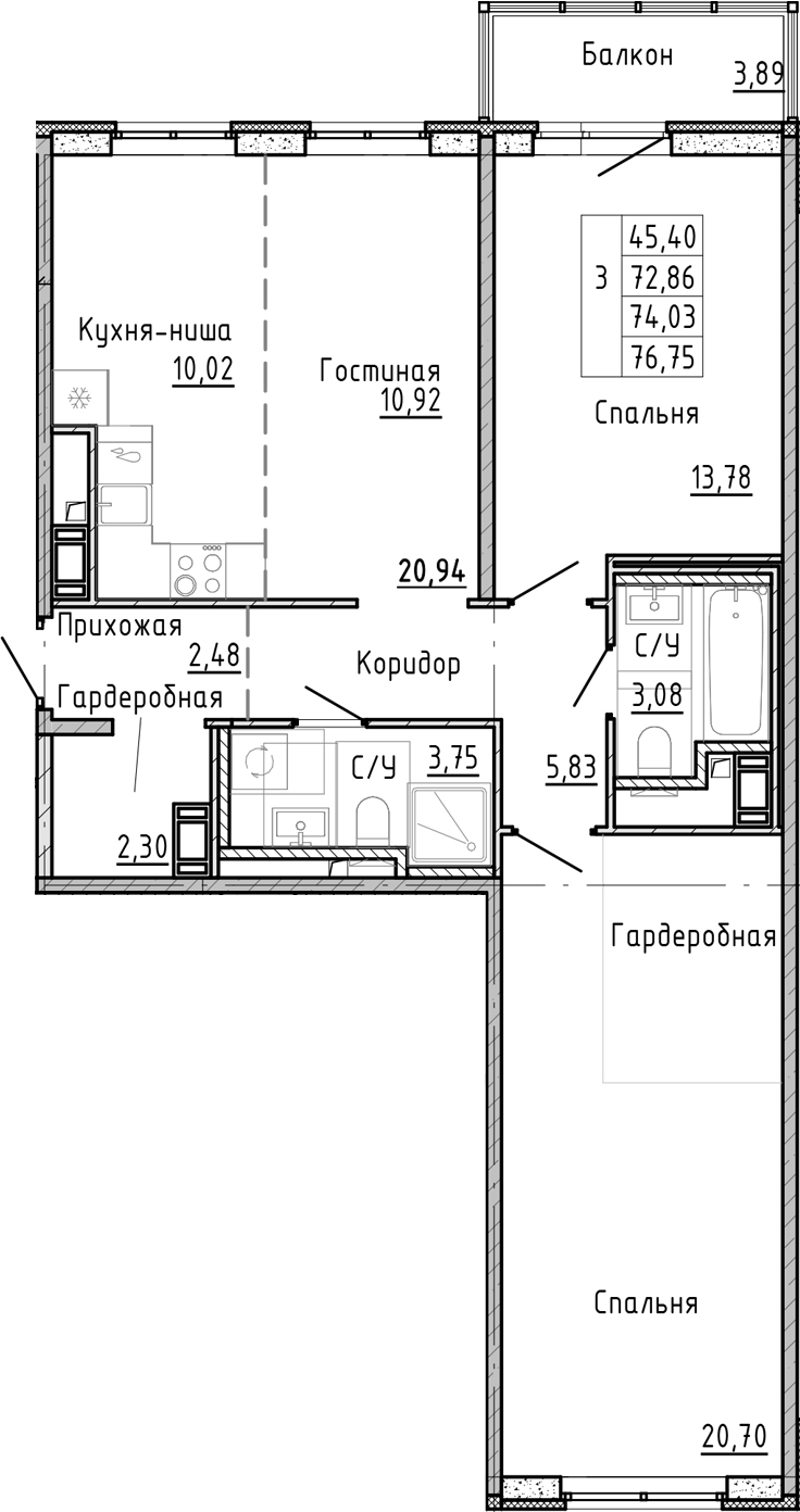 Планировка — OKLA, 3-комн., 70 м²