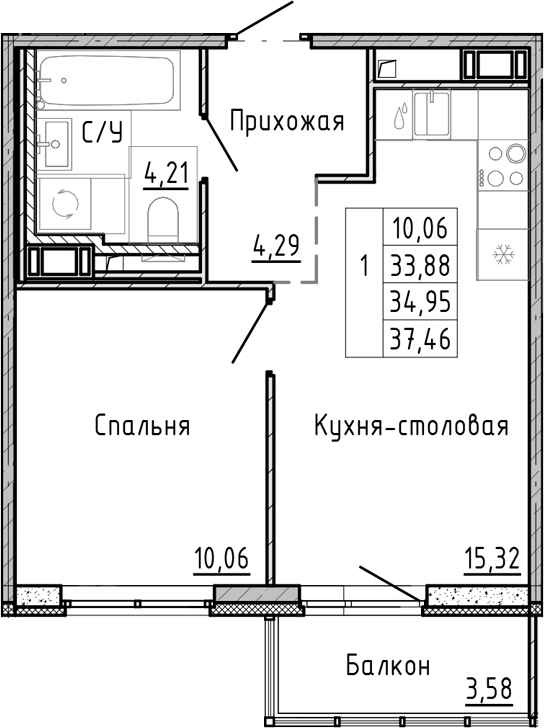 Планировка — OKLA, 2-комн., 31 м²