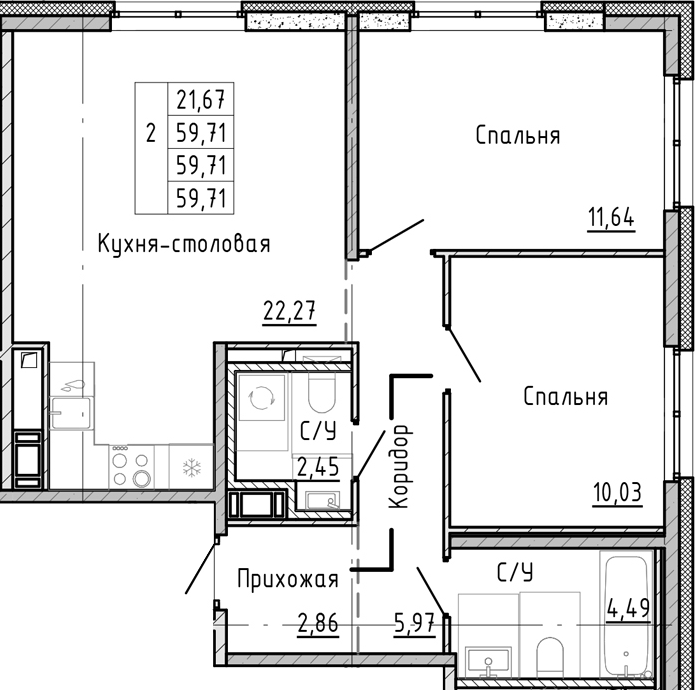 Планировка — OKLA, 3-комн., 60 м²