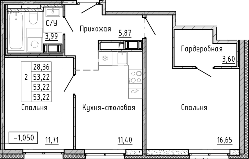 Планировка — OKLA, 2-комн., 53 м²