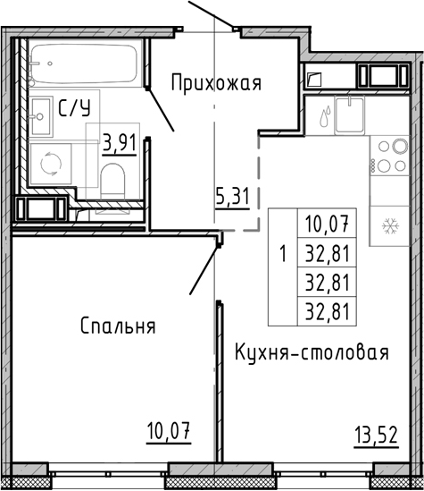 Планировка — OKLA, 1-комн., 33 м²