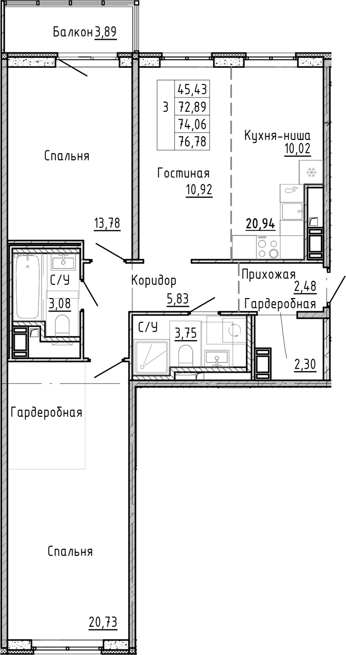 Планировка — OKLA, 3-комн., 70 м²