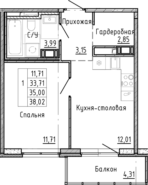 Планировка — OKLA, 1-комн., 31 м²