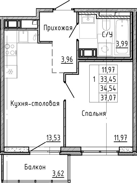 Планировка — OKLA, 1-комн., 31 м²