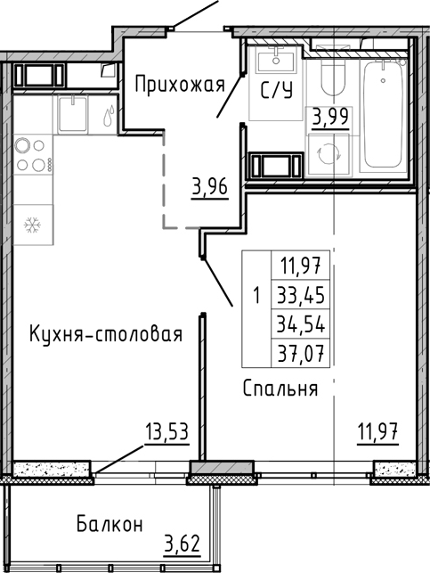 Планировка — OKLA, 1-комн., 31 м²