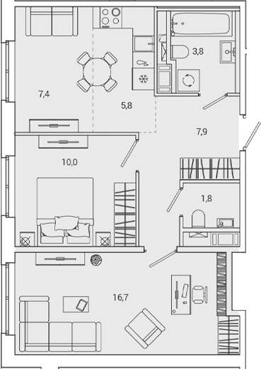 Планировка — OKLA, 2-комн., 54 м²