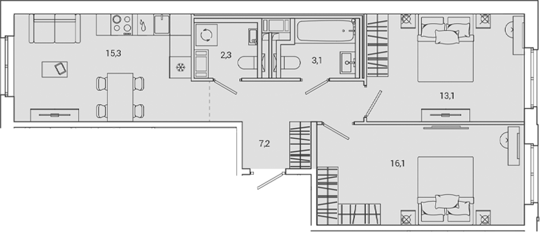 Планировка — OKLA, 3-комн., 57 м²