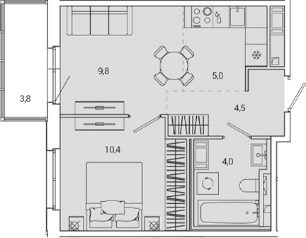 Планировка — OKLA, 1-комн., 34 м²