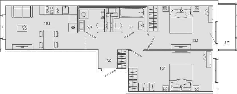 Планировка — OKLA, 3-комн., 57 м²