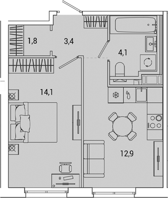 Планировка — OKLA, 1-комн., 36 м²