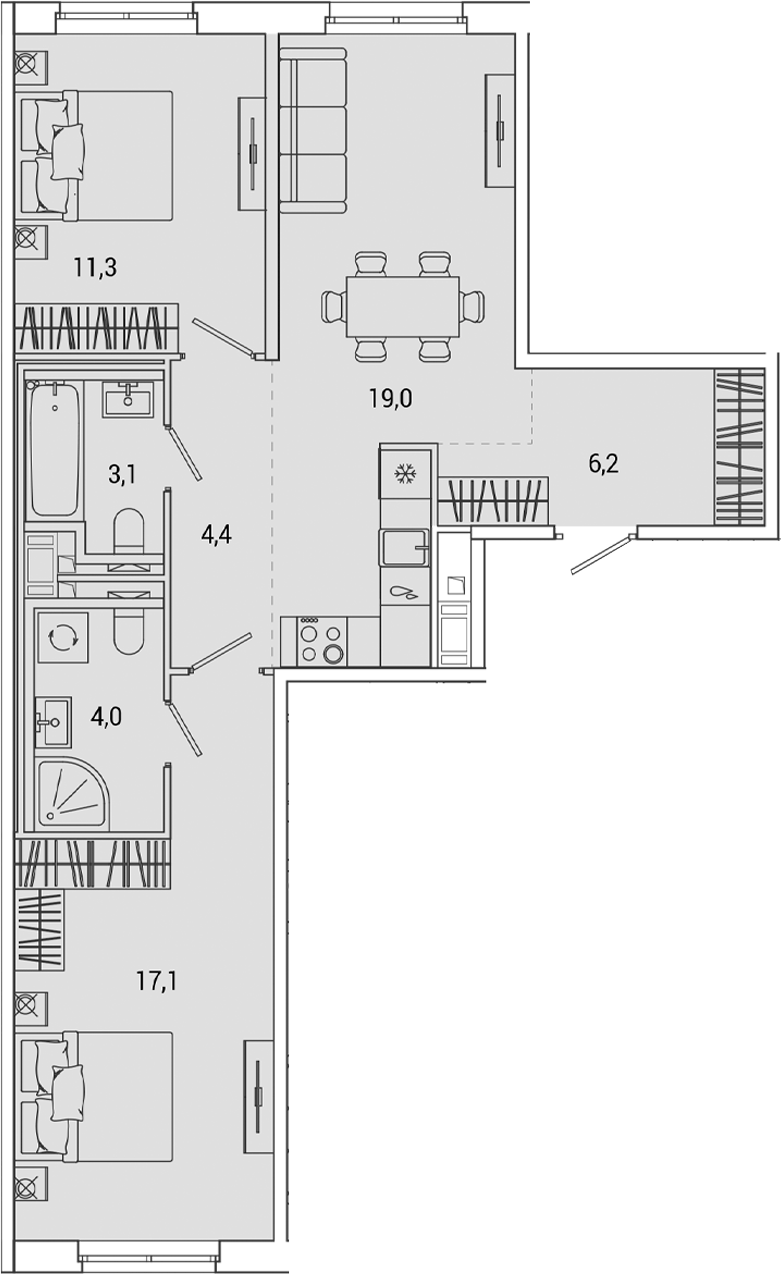 Планировка — OKLA, 3-комн., 65 м²