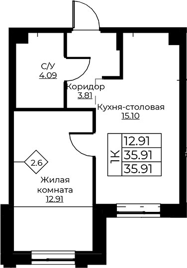 Планировка — Тишин, 2-комн., 36 м²