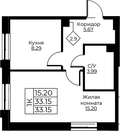 Планировка — Тишин, 1-комн., 33 м²