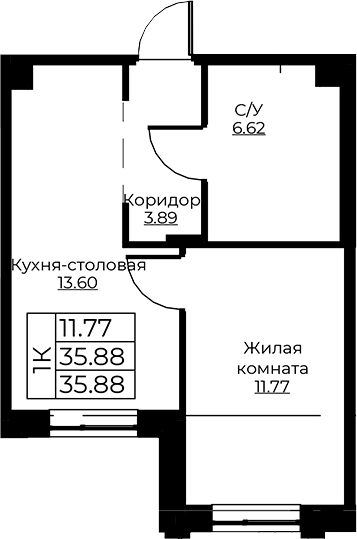 Планировка — Тишин, 1-комн., 36 м²