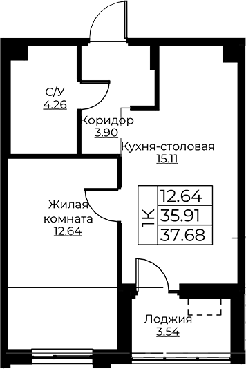 Планировка — Тишин, 2-комн., 36 м²