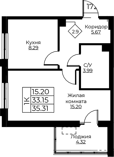 Планировка — Тишин, 1-комн., 33 м²