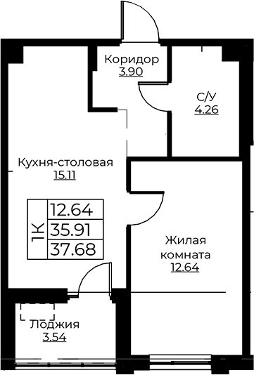 Планировка — Тишин, 2-комн., 36 м²